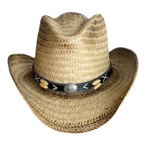 Woven Straw Western Cowboy Hat with Concho & Bone Beads